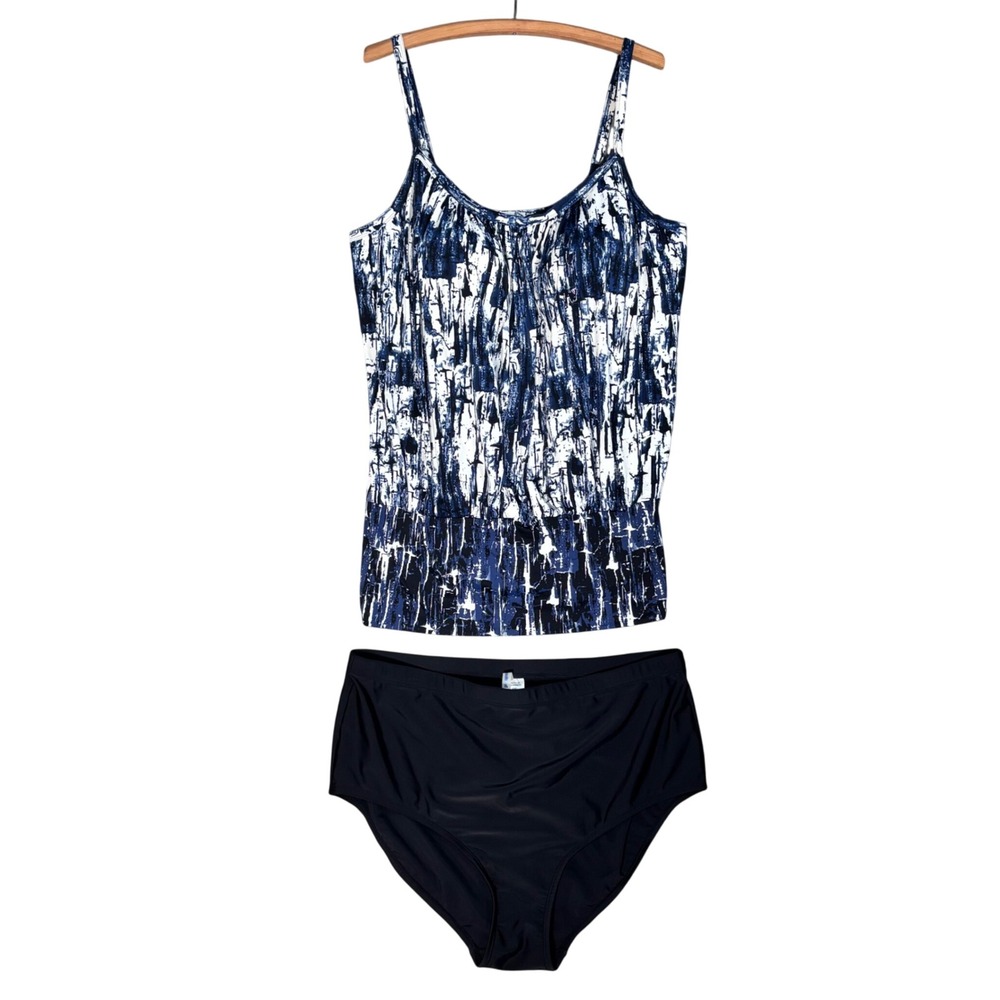 Swimsuits For All Size 22 Blue White Abstract Print Tankini Swim Top Bottom Set